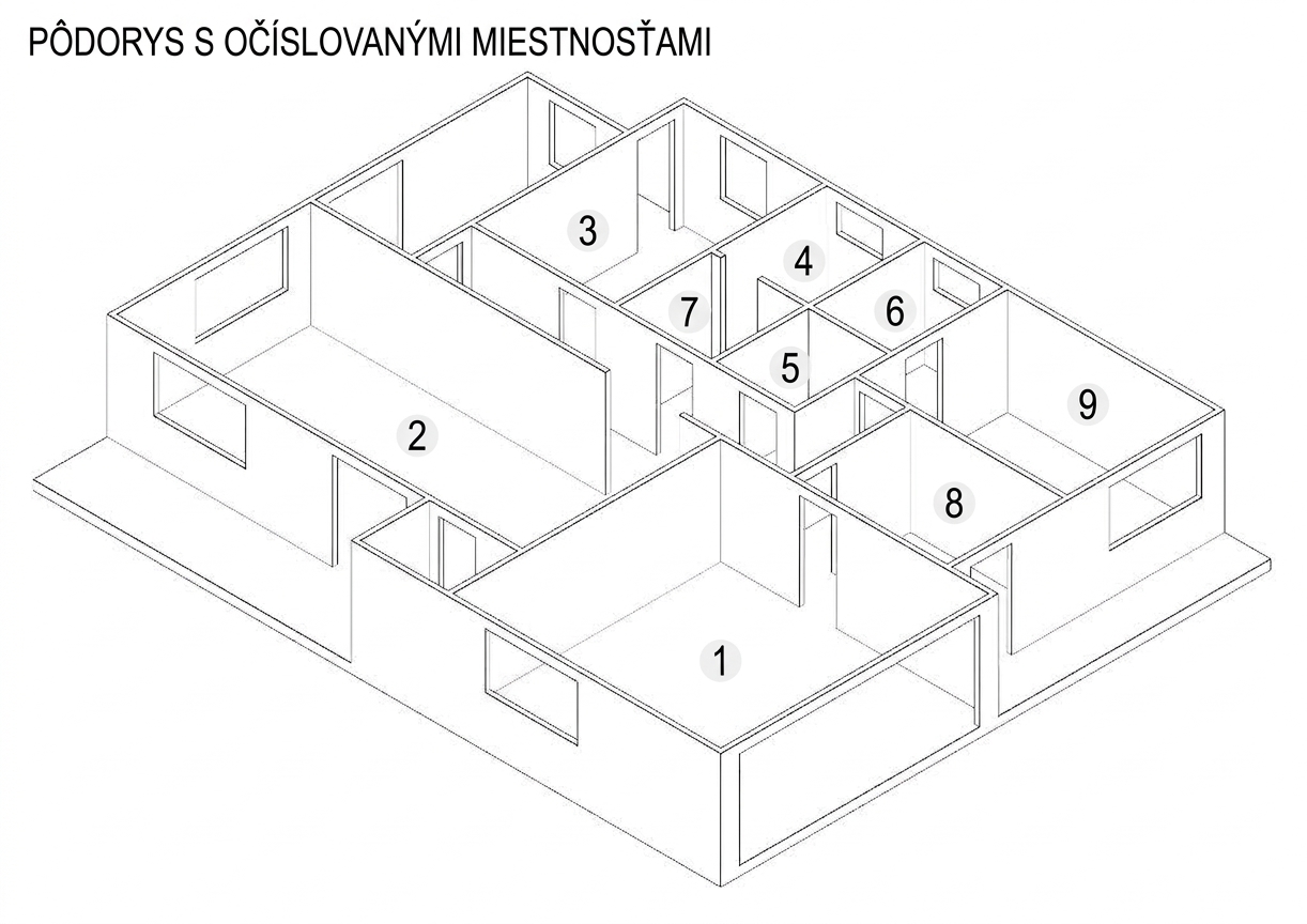 Náš produkt - Pôdorys s očíslovanými miestnosťami rodinného domu Pohoda (1-10)